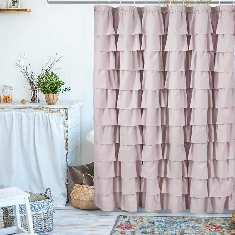 WestWeir Ruffle Shower Curtain,84-inches Extra Long,Blush Pink Ruffled Bath Curtains for Bathroom,Fabric Farmhouse Decor,Soft Touch Decorative Cloth Texture,(72 inch Wide,1 Panel) - Image 3